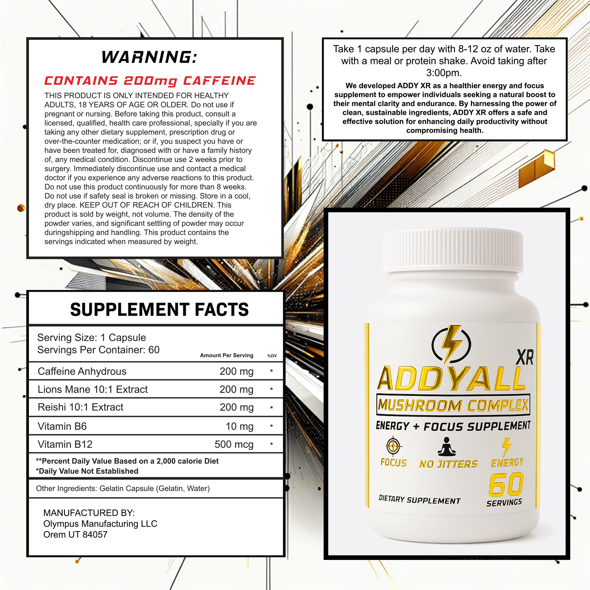 ADDY FOCUS Organic Mushroom Complex Capsule, Adderall Alternative with Vitamins for Energy Management, 60 Servings (60-Day Supply) – Boosted Focus, Brain Booster for Natural ADHD Support
