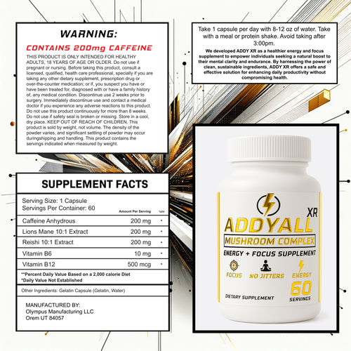 ADDY FOCUS Organic Mushroom Complex Capsule, Adderall Alternative with Vitamins for Energy Management, 60 Servings (60-Day Supply) – Boosted Focus, Brain Booster for Natural ADHD Support