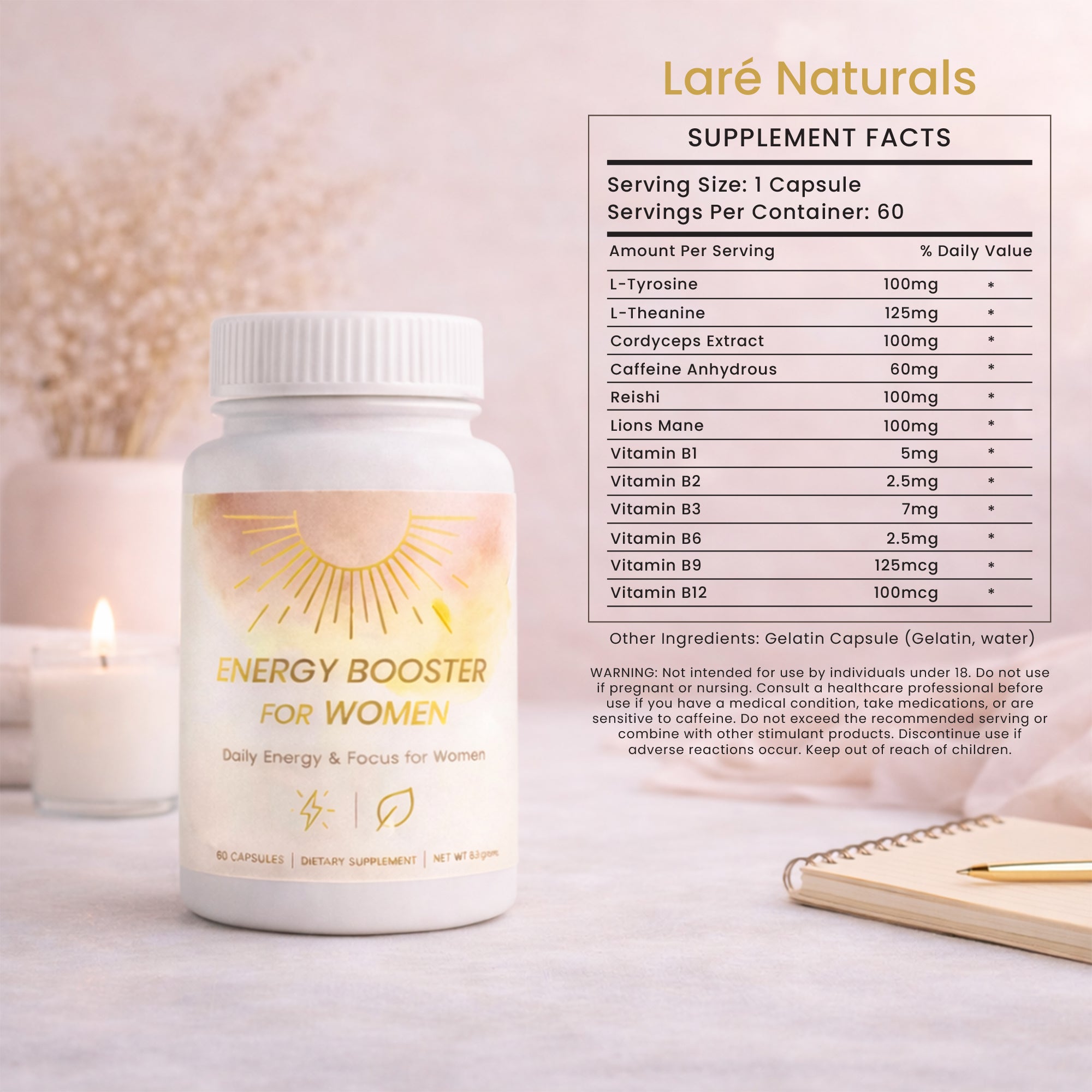 Energy Booster for Women - Energy supplement for women - Daily Clean Energy + Focus - Healthy Adderall Alternative - Energy Booster for Moms - For Work, Study, Gym - 60 Count