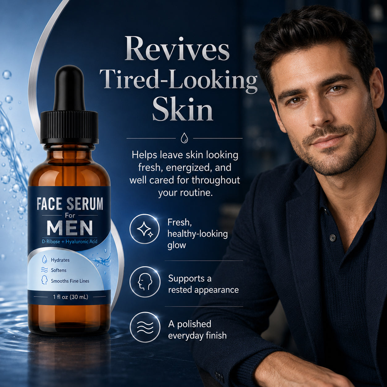 Face Serum for Men with Hyaluronic Acid & Caffeine, Hydrating Anti-Aging Serum