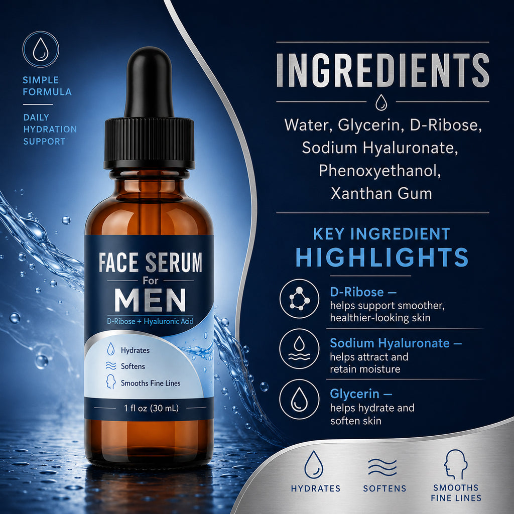 Face Serum for Men with Hyaluronic Acid & Caffeine, Hydrating Anti-Aging Serum