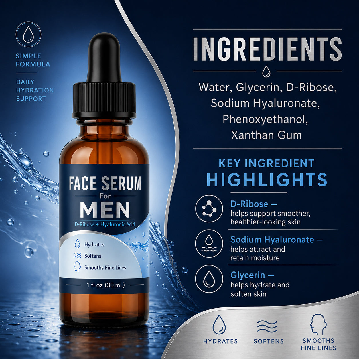 Face Serum for Men with Hyaluronic Acid & Caffeine, Hydrating Anti-Aging Serum
