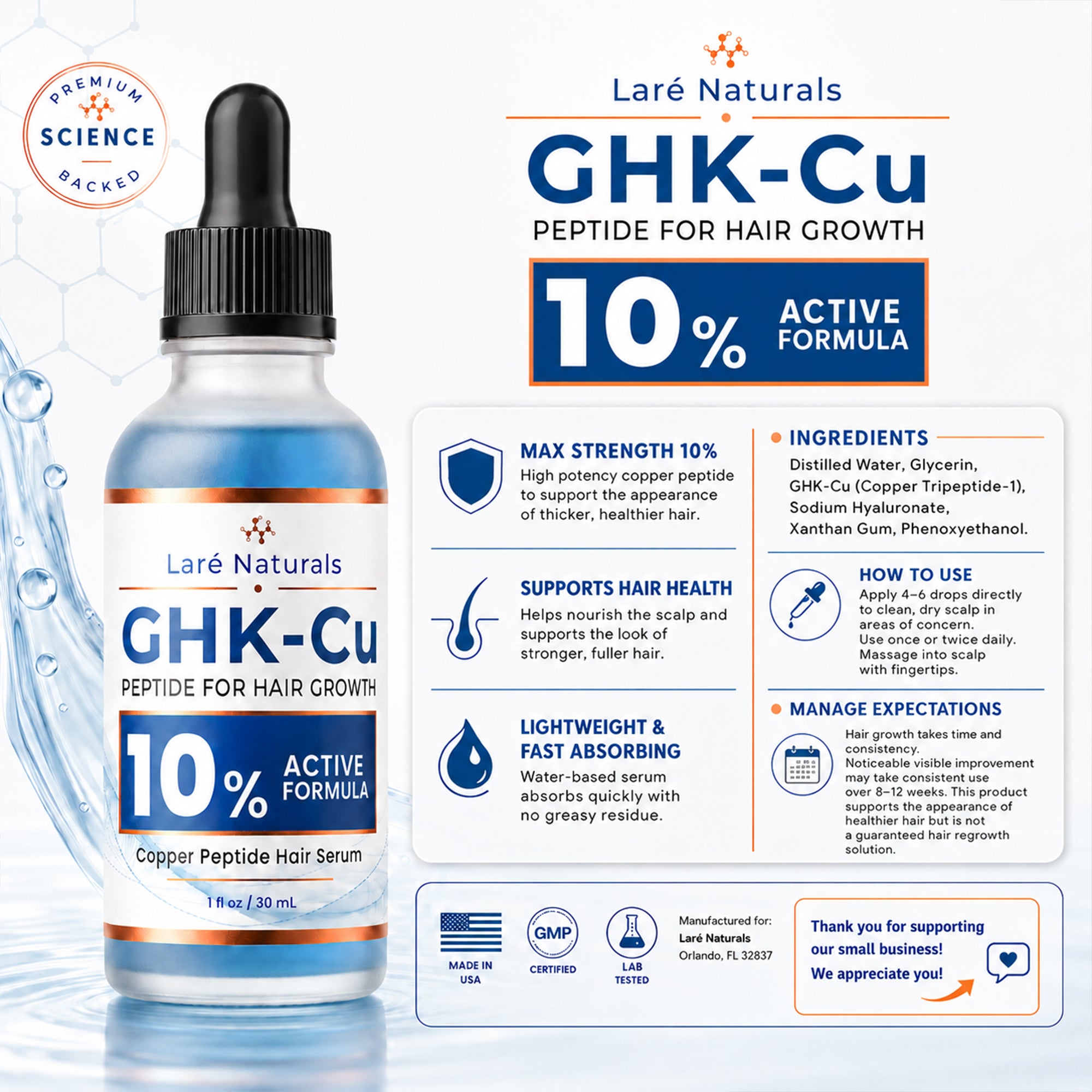 10% GHK-Cu Copper Peptide Hair Growth Serum for Thicker, Fuller-Looking Hair