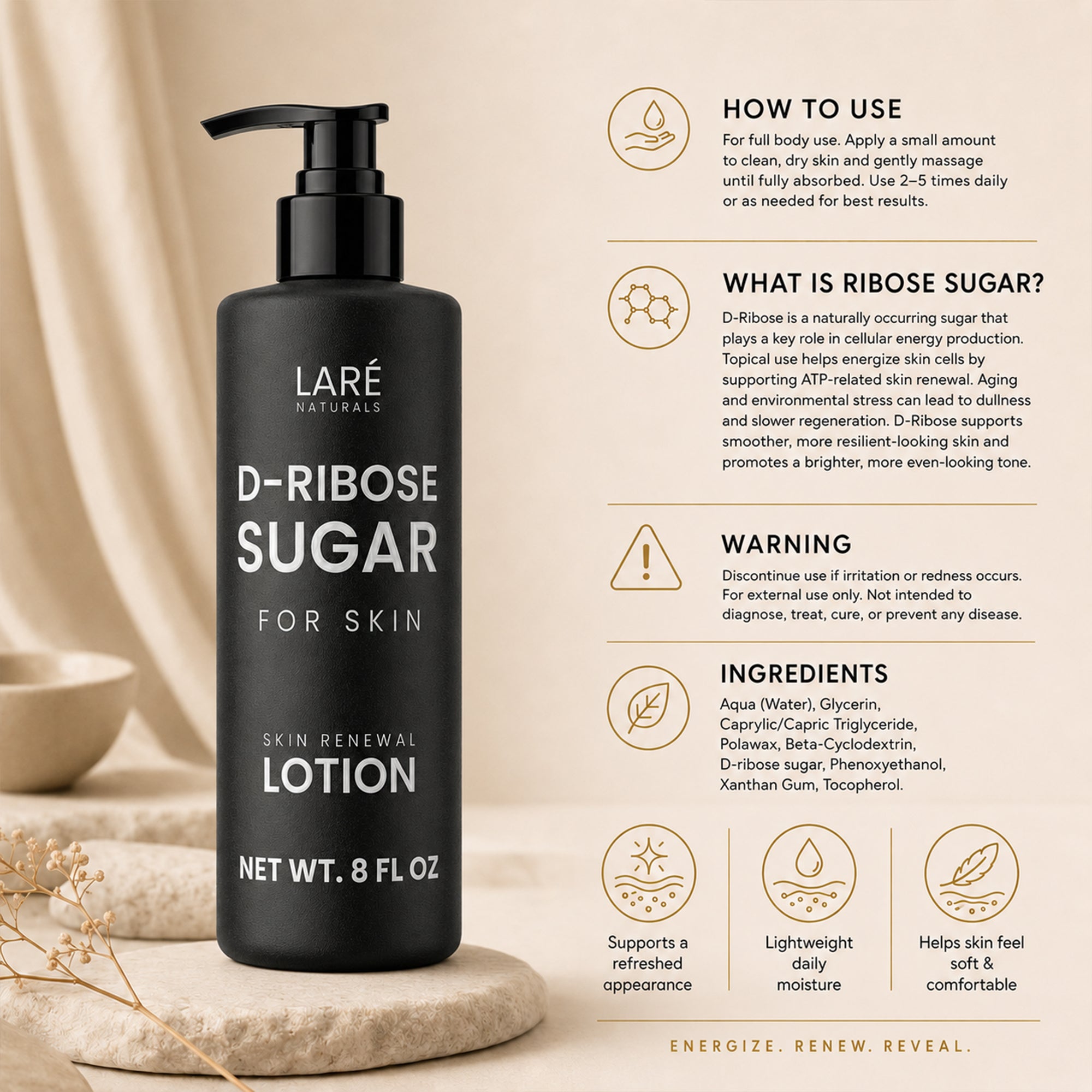 Ribose Sugar for Skin - Ribose Cream - D-Ribose - Working Hands Cream - Lightweight Moisturizer with D-Ribose & Vitamin E - 8 fl oz - Unscented