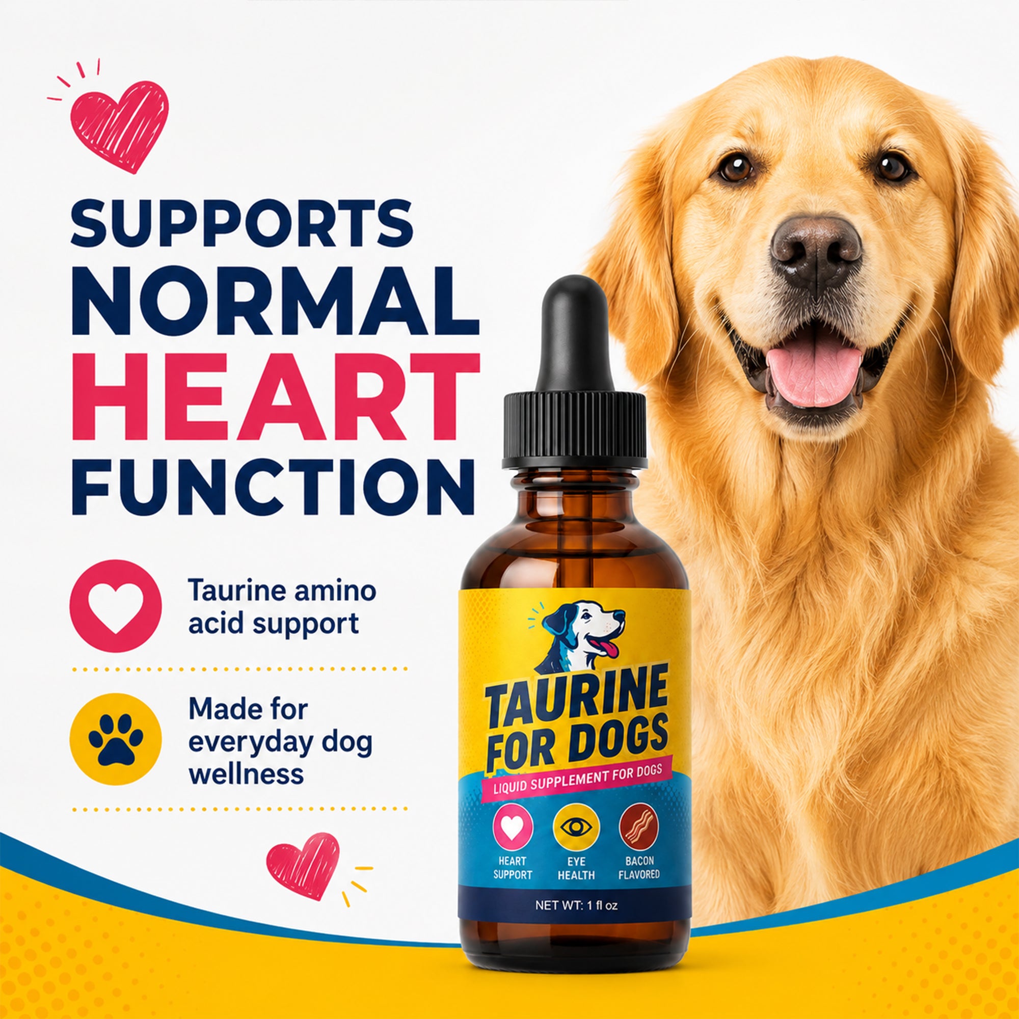 Taurine for Dogs, Bacon Flavored Heart & Eye Wellness Drops with Eyebright, 100mg Taurine Per 1mL, Daily Dog Amino Acid Support, for Small, Medium & Large Dogs, 1 fl oz
