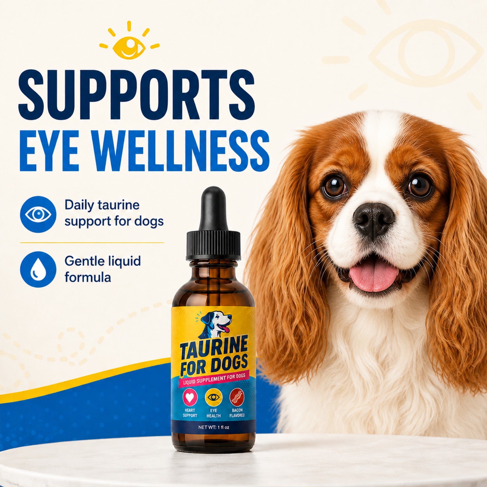 Taurine for Dogs, Bacon Flavored Heart & Eye Wellness Drops with Eyebright, 100mg Taurine Per 1mL, Daily Dog Amino Acid Support, for Small, Medium & Large Dogs, 1 fl oz