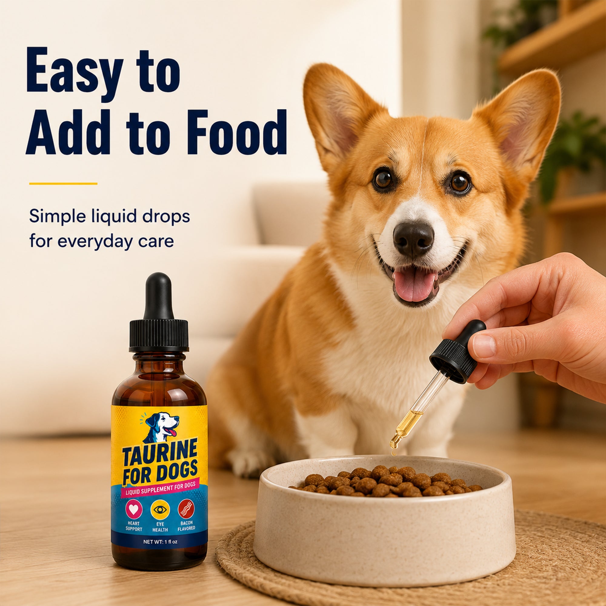 Taurine for Dogs, Bacon Flavored Heart & Eye Wellness Drops with Eyebright, 100mg Taurine Per 1mL, Daily Dog Amino Acid Support, for Small, Medium & Large Dogs, 1 fl oz