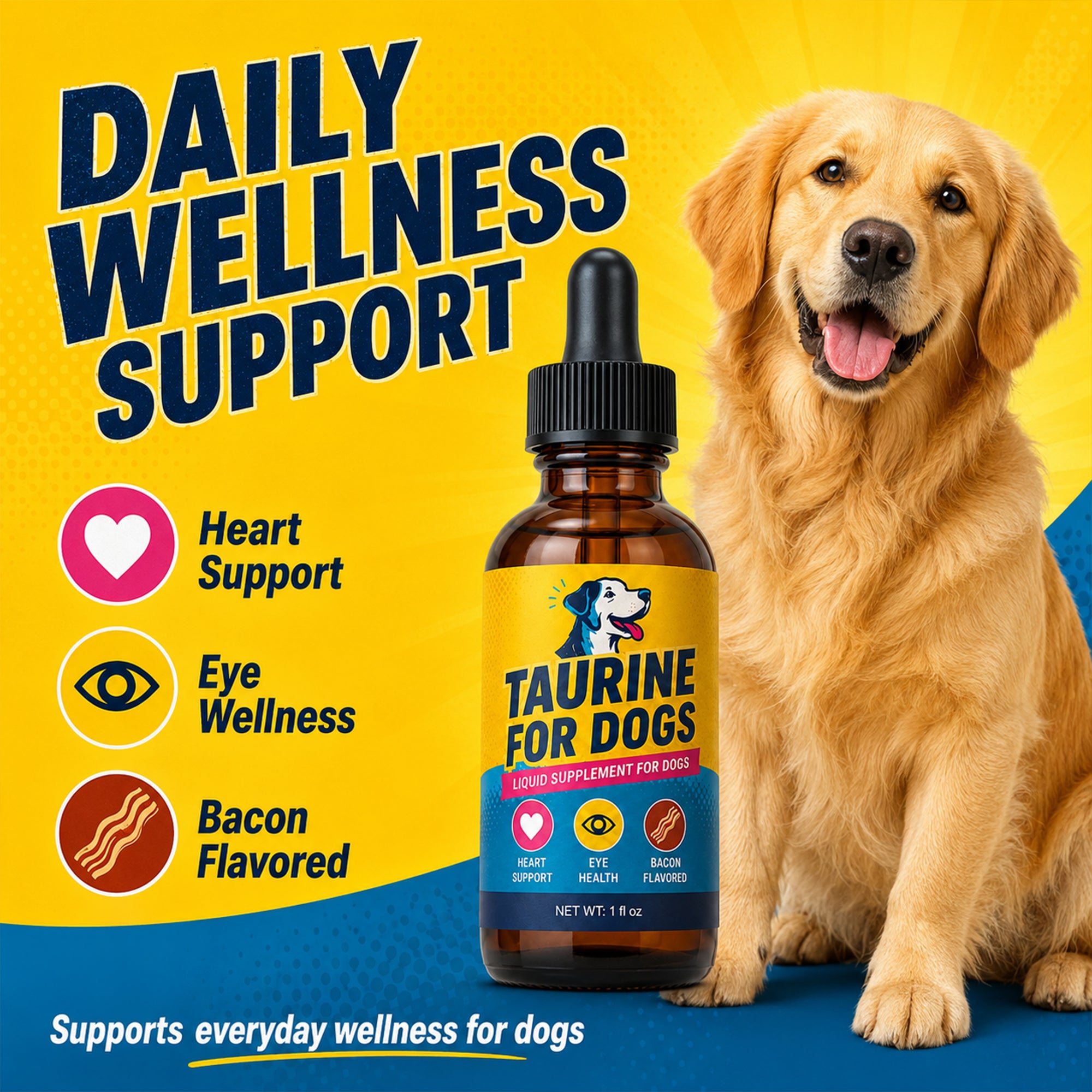 Taurine for Dogs, Bacon Flavored Heart & Eye Wellness Drops with Eyebright, 100mg Taurine Per 1mL, Daily Dog Amino Acid Support, for Small, Medium & Large Dogs, 1 fl oz