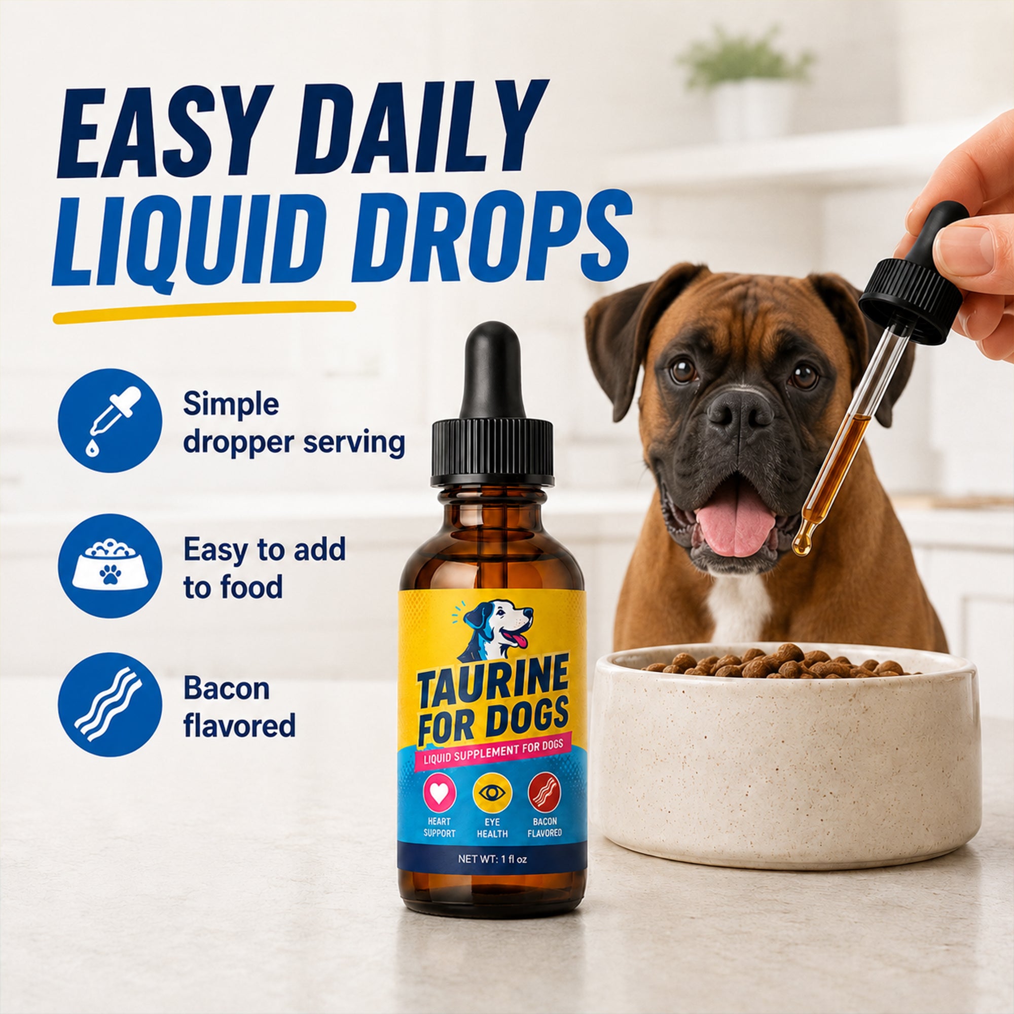Taurine for Dogs, Bacon Flavored Heart & Eye Wellness Drops with Eyebright, 100mg Taurine Per 1mL, Daily Dog Amino Acid Support, for Small, Medium & Large Dogs, 1 fl oz