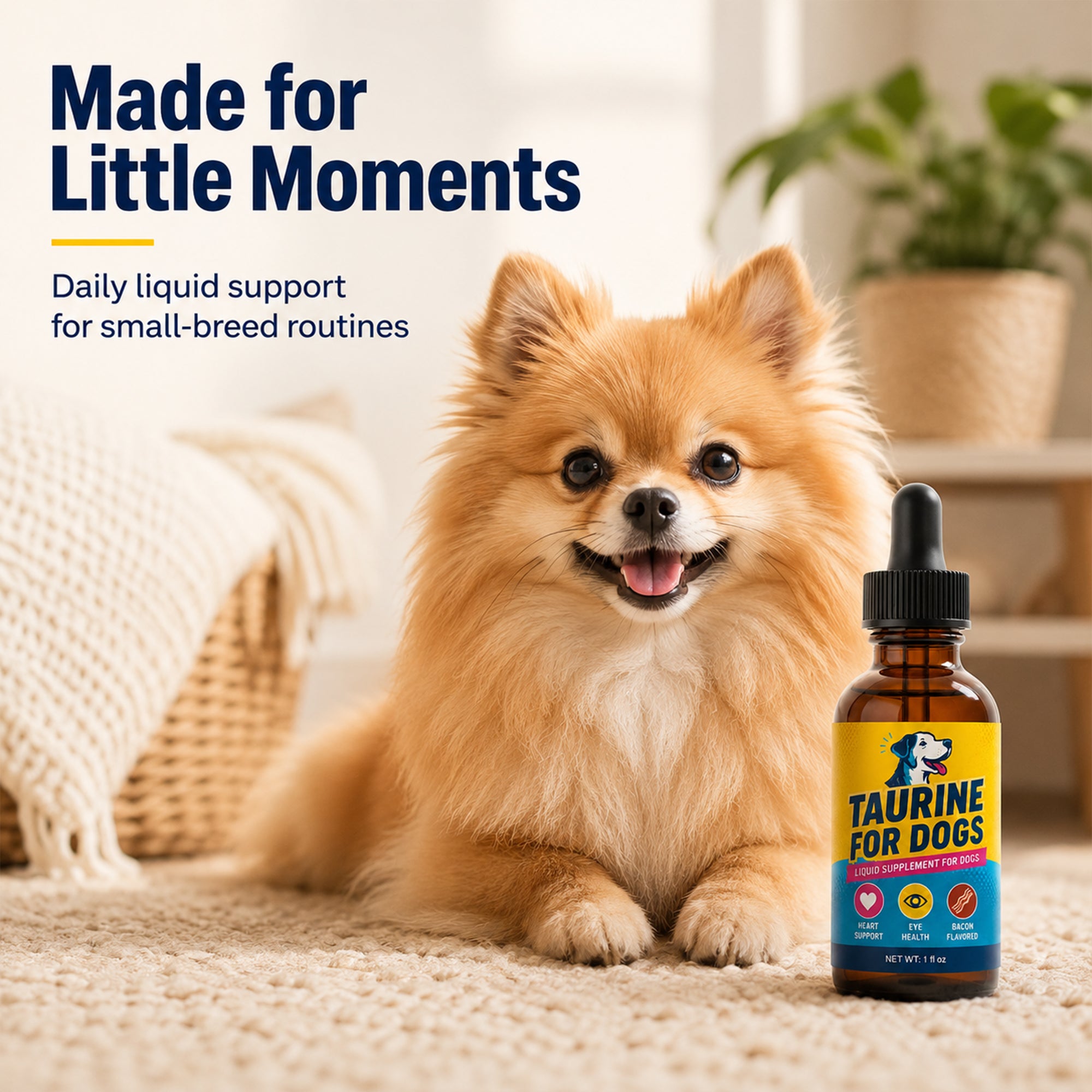 Taurine for Dogs, Bacon Flavored Heart & Eye Wellness Drops with Eyebright, 100mg Taurine Per 1mL, Daily Dog Amino Acid Support, for Small, Medium & Large Dogs, 1 fl oz